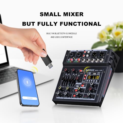 BOMGE 04M Audio Mixer, Sound Board Mixing Console with 4 Channel Digital USB Bluetooth 24 Sound Effect, Input 48V Phantom Power Stereo DJ Mixers for Recording, Live Streaming, Podcasting,Gaming