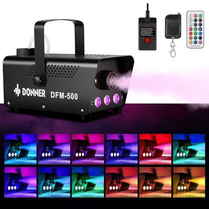 Donner Fog Machine with 13 Colors, 500W 2000CFM Party Smoke Machine with RGB LED Light, Indicate Light with 2 Wireless Remote Controls, Manual Spray Fog, for Halloween Festival Wedding Indoor Use