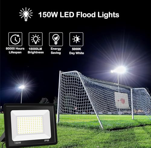 2 Pack 150W LED Flood Light, Outdoor Ultra Bright FloodLight with 6Ft Cable & Plug, 5000K Daylight White IP66 Exterior Commercial Lighting for Backyard, Garden, Stadium - size: 150w-2pack