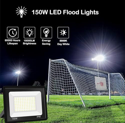 2 Pack 150W LED Flood Light, Outdoor Ultra Bright FloodLight with 6Ft Cable & Plug, 5000K Daylight White IP66 Exterior Commercial Lighting for Backyard, Garden, Stadium - size: 150w-2pack