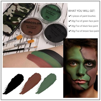 Black Green Brown Camo Face Paint with Brushes Set, Water Based Face Painting Kit for Camouflage Military Hunting & Paintball, Facepaint for Kids & Adults Halloween Special FX Cosplay Costume Makeup - color: Black+Green+Brown+3Pcs Brushes
