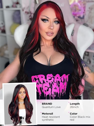 Quantum Love Long Curly Wig for Women Long Wavy Black Mix Red Wigs 28Inch Natural Looking Synthetic Fashion Color Hair for Cosplay Halloween Daily Party Use - color: Mix Red