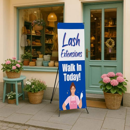 DreamController Lashes & Brows X-Stand Banner by DC | 30"x65" Tripod Display | Lash Extensions Walk In Todaay Vertical Banner for Trade Shows & Events | Made in USA | (Stand Not Included) - color: Lash Extensions Walk In Todaay, size: X Banner - 30x65"