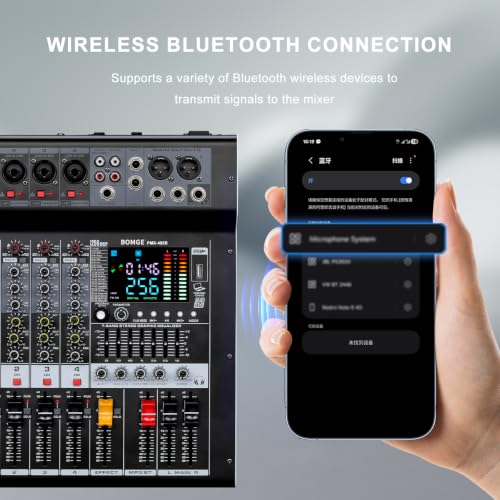 BOMGE 4-Channel Audio Interface Mixer with 256 DSP, Bluetooth 48V Phantom Power, 2x350W Amplifier (4 Ohm) for Studio Recording, DJ Mixing, Karaoke, Concert Party & Streaming