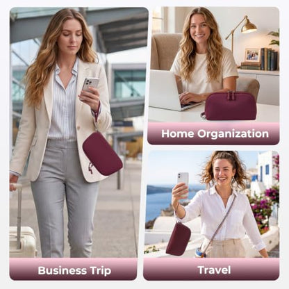 FYY Travel Cable Organizer - 8 Compartments, Lightweight, Water Repellent - color: Wine Red, size: (L) 9.6"× 5.5"× 3.7"