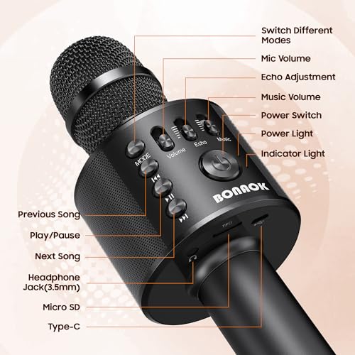 BONAOK Wireless Bluetooth Karaoke Microphone,3-in-1 Portable Handheld Karaoke Mic Speaker Machine Home Party Birthday for All Smartphones Q37 (Black) - color: Black