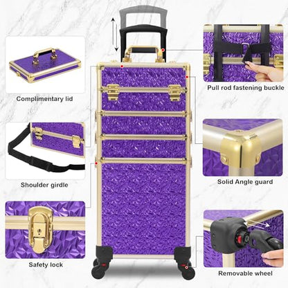 Somduy Rolling Makeup Case, Makeup Train Case with Lid, 5 in 1 Cosmetology Case on Wheels, Christmas Gift, Large Makeup Organizers, Profesional Cosmetic Case for Salon Barber, Purple Gold - color: Purple Gold