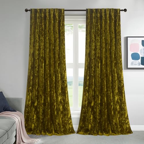 Lux Moss Green Crushed Velvet Curtains 2 Panel Set - 84 inches Long Room Darkening Luxury Distressed Velvet Rod Pocket Window Drapes for Living Room Bedroom 52" W x 84" L - color: Moss Green, size: 52"W x 84"L (Pack of 2)
