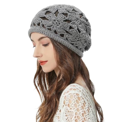 ZLYC Women Cotton Crochet Slouchy Beanie Hat Handmade Knit Summer Skull Cap | Lightweight breathable,boho casual chic look,travel photos festival party,café commute daily wear,beach concert gathering - color: Crochet Grey