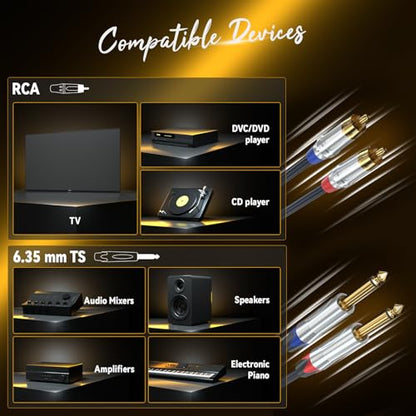 Tisino RCA to 1/4" Cable,Dual RCA to Dual 1/4" TS HiFi Audio Cable, 10 FT | 2 RCA to 2 1/4" TS Male Patch Cord for Mixer, Speaker, Amp, Gold-Plated Shielded HiFi Stereo Audio Interconnect Cable - size: 10 feet