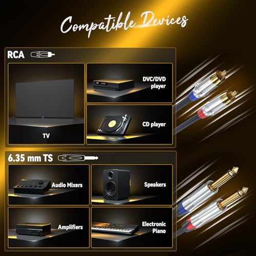 Tisino RCA to 1/4" Cable,Dual RCA to Dual 1/4" TS HiFi Audio Cable, 6.6 FT | 2 RCA to 2 1/4 Inch TS Stereo Patch Cable for Mixer, Amp, Home Theater, Gold-Plated OFC Shielded Audio Interconnect Cord - size: 6 feet