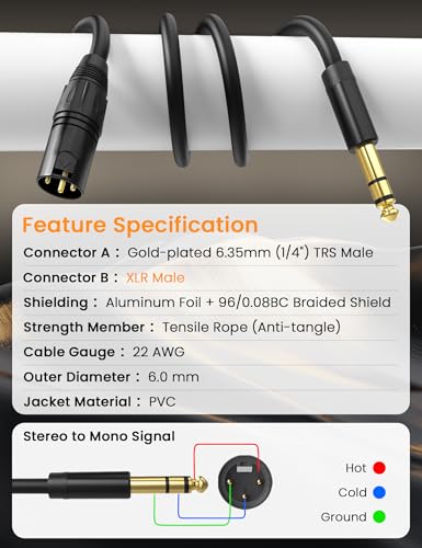 Sinoacc XLR to 1/4, XLR Male to TRS 6.35mm Cable, Quarter Inch to XLR Male Cable for Speakers, Mixers, Amplifiers - 22AWG, Dual Shielded, Balanced, Gold-Pin Connectors, 6.6ft