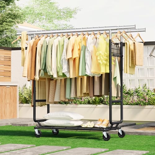 Gewudraw Clothes Rack Heavy Duty Load 900 Lbs With Wheels, Double Rod,Black | Rolling Clothing Rack, Adjustable Height, Extendable Rod, Portable, Collapsible, Shelf, Hooks,for Wardrobe,Bedroom,Commercial - color: Black, style: Double Rod