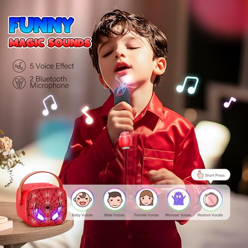 Mini Karaoke Machine Toys Gifts: Kids Toys Birthday Gifts for 4 5 6 7 8 9 Years Old Girl Boy LED Portable Bluetooth Speaker with 2 Wireless Microphone Girl Gift Age 3-12+ - color: Red