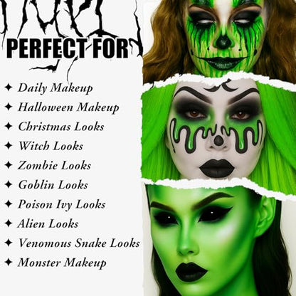 UCANBE Halloween Makeup Kit – 15-Color Green Eyeshadow Palette, White Liquid Foundation, Black Liquid Lipstick & Eyeliner, Setting Powder & Sponges Makeup Set for SFX Cosplay Costume Witch Monster - color: Green Makeup Kit