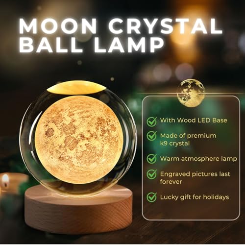 Flexzion 3D Moon Crystal Ball Lamp, 3.15 inch (80mm), USB Night Light | Moon Lamp with Solid Beech Wood Base and Adjustable Brightness for Bedrooms, Nightstands, Desks, Shelves and Room Decor - size: 3.15 inch (80mm), style: Moon