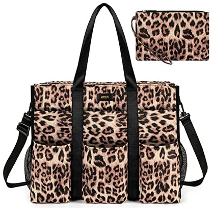 IBFUN Utility Tote Bag with 24 Pockets, Large Teacher Travel Tote for Women - color: C1-l-brown Leopard, size: Large