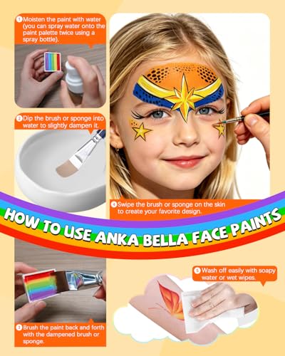 Anka Bella Professional Face Painting Kit–Split Cake Water Activated Face Paint Palette with 14 Brushes, Stencils & Sponges, Non-Toxic Hypoallergenic Face & Body Paint for Halloween, Parties,Cosplay - color: FairyTaleFace Palette
