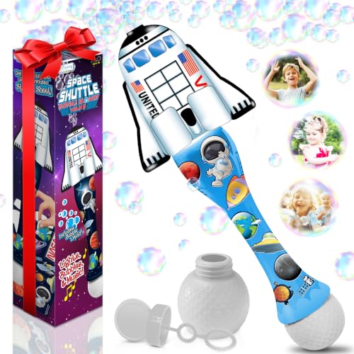 ArtCreativity Space Shuttle Bubble Wand - Handcrafted Space Toys with Bubbles Refill Solution, Stickers, Music & Lights - Kids Summer Outdoor Activity - Birthday Party Favors - Bubble Blower Machine