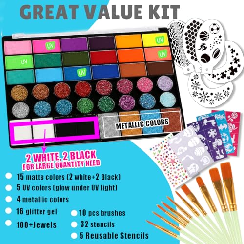 Bowitzki Face Paint Kit for Adults Stencils Glitter Brushes Face Painting Set for Sensitive Skin Water Based FDA Compliant Professional Body Painting (42 new) - color: 42 new