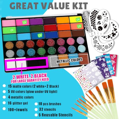 Bowitzki Face Paint Kit for Adults Stencils Glitter Brushes Face Painting Set for Sensitive Skin Water Based FDA Compliant Professional Body Painting (42 new) - color: 42 new