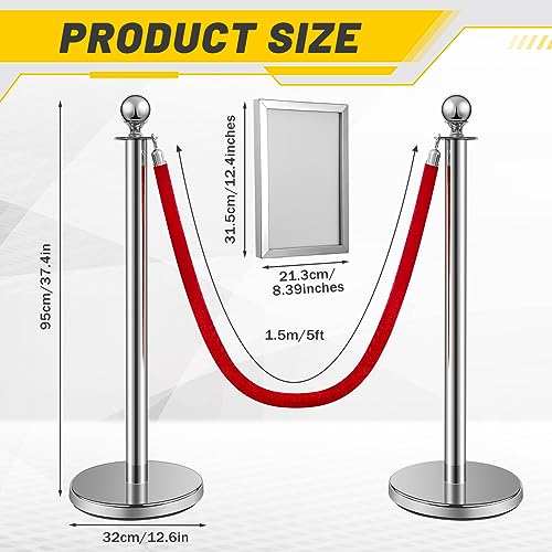 Velvet Ropes and Posts, 4 Stainless Steel Stanchions, Sign Holder, Silver | 2x5 ft Velvet Ropes, Fillable Bases, Sign Holder, Crowd Control Barriers for Red Carpet Events, Hotel, Theater, Weddings - color: Red