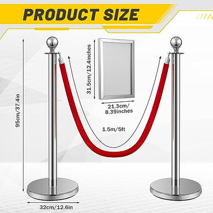 Velvet Ropes and Posts, 4 Stainless Steel Stanchions, Sign Holder, Silver | 2x5 ft Velvet Ropes, Fillable Bases, Sign Holder, Crowd Control Barriers for Red Carpet Events, Hotel, Theater, Weddings - color: Red