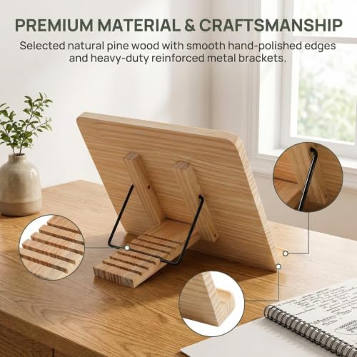 Reading Rack Wooden Bookshelf - Book Stand Foldable with 8 Adjustable Positions and Page Clips,Suitable for cookbooks、iPads、laptops、Sheet Music、and Reading Stands - size: 11x7.9inch
