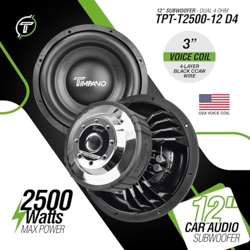 Timpano 12 Inch Subwoofer D4 2500 Watts Max Power Dual 4 Ohm, 12 Subwoofer Speaker 23.5 mm High Xmax, TPT-T2500-12 D4, 3 in Voice Coil, Competition Sub Woofer for Car Audio Systems (Single) - size: 12 Inch - Dual 4 Ohm