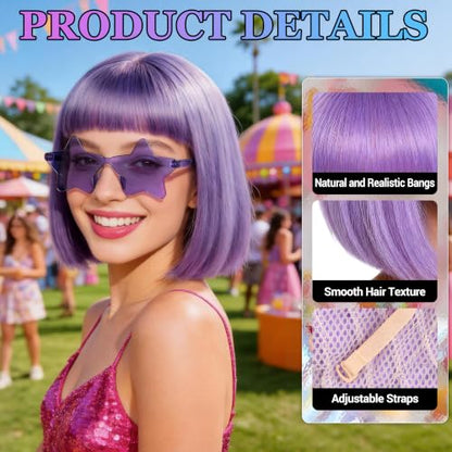 Short Bob Straight Hair Wigs with Bangs, Heat Resistant Fiber Hair, Star-shaped Glasses for Women (Pink-Purple) - color: Pink-Purple