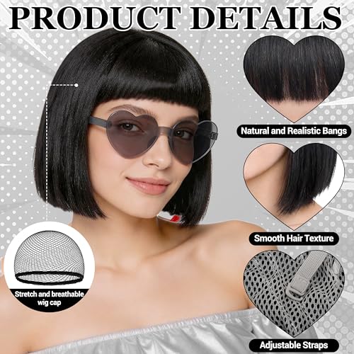 Short Bob Straight Hair Wigs with Bangs, Heat Resistant Fiber Hair, Heart-shaped Glasses for Women (Black) - color: Black