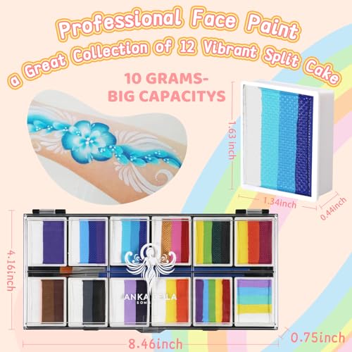 Anka Bella Professional Split Cake Face Paint(120gm),Water Based Face Painting Kit for Kids & Adults,Hypoallergenic & Non-Toxic,Gift for Birthday Parties/Halloween/Carnival - color: 12 Color Paint Palette