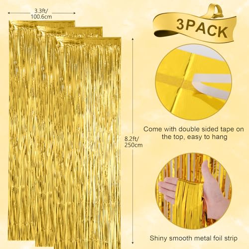 Voircoloria Gold Foil Fringe Backdrop Curtains, 3.3x8.2ft, 3 Pack | Tinsel Streamers, For New Years Eve, Graduation, Birthday, Baby Shower - color: 05 Gold