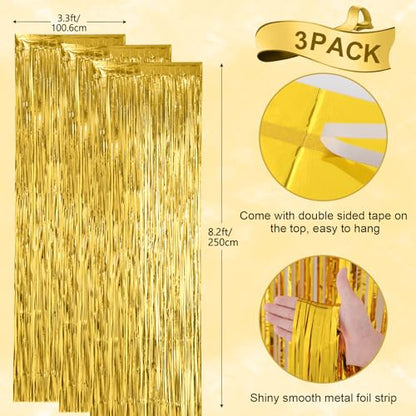 Voircoloria Gold Foil Fringe Backdrop Curtains, 3.3x8.2ft, 3 Pack | Tinsel Streamers, For New Years Eve, Graduation, Birthday, Baby Shower - color: 05 Gold