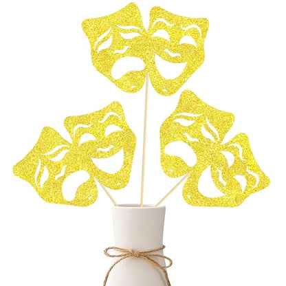 Theatrical Mask Centerpiece Sticks 12PCS Comedy Movie Night Theme Party Decorations Glitter Gold Tragedy Mask Table Toppers for Drama Film Festival Birthday Party Supplies
