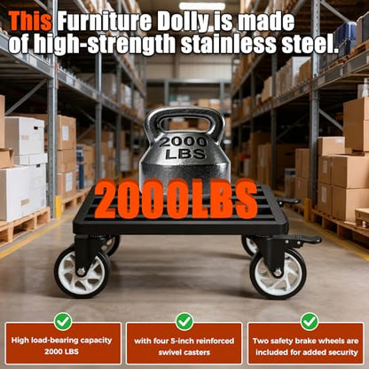 Stainless Steel Furniture Dolly, 2000lbs Capacity Heavy Duty Furniture Dolly, 5-inch Swivel casters, 18 x 14 inch Platform and Fastening Device, Safely Moving Heavy Objects - size: 18"L x 14"W Furniture Dolly