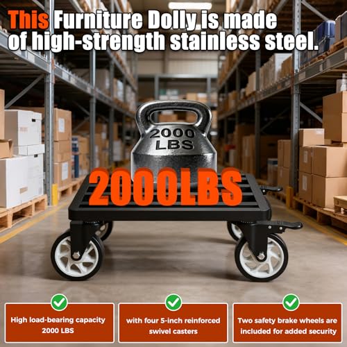 Stainless Steel Furniture Dolly, 2000lbs Capacity Heavy Duty Furniture Dolly, 5-inch Swivel casters, 24 x 18 inch Platform and Fastening Device, Safely Moving Heavy Objects - size: 24"L x 18"W Furniture Dolly