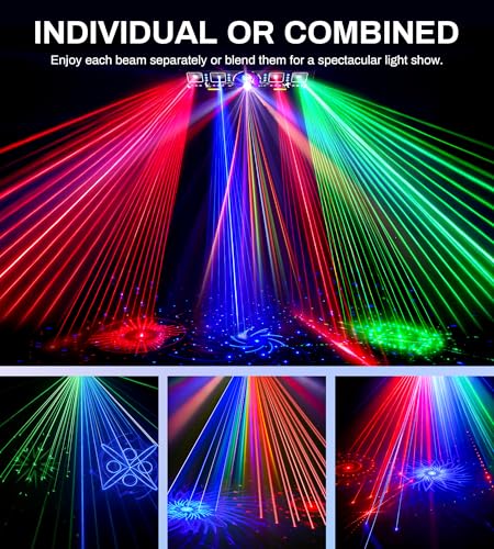 DJ Lights for Parties, Pro 8 in 1 DMX512 Laser Light Show with Disco Ball Light, RGB and Gold Strobe,UV Black Lights-Sound Activated LED Lighting for Home, Karaoke, Clubs, Gigs, and DJ Lighting