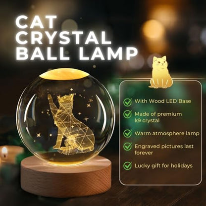 Flexzion 3D Cat Crystal Ball Lamp, 3.15 inch (80mm), USB Night Light | Cat Lamp with Solid Beech Wood Base and Adjustable Brightness for Bedrooms, Nightstands, Desks, Shelves and Room Decor - size: 3.15 inch (80mm), style: Cat