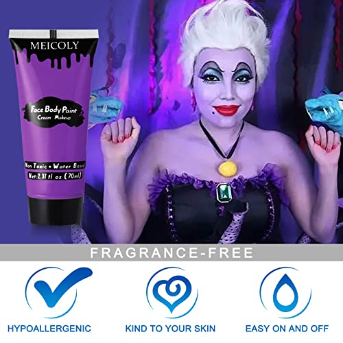 MEICOLY Purple Cream Face Body Paint,2.37Oz Large Tube Water Based Non-Toxic Full Body Paint for Adult and Kids,Highly Pigmented Face Painting for Halloween SFX Special Effects Ursula Cosplay Makeup - color: Purple