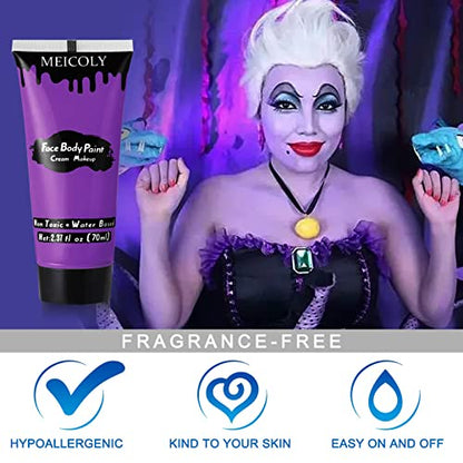 MEICOLY Purple Cream Face Body Paint,2.37Oz Large Tube Water Based Non-Toxic Full Body Paint for Adult and Kids,Highly Pigmented Face Painting for Halloween SFX Special Effects Ursula Cosplay Makeup - color: Purple