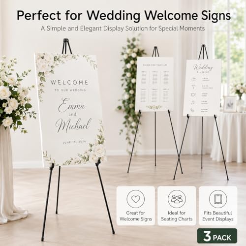 3 Pack Easel Stand for Sign, 63 Inch Portable Display Easel Stand, Black Metal Floor Easel for Wedding Welcome Sign, Poster Board, Party, Presentation, Event Display with Storage Bags