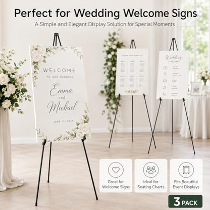 3 Pack Easel Stand for Sign, 63 Inch Portable Display Easel Stand, Black Metal Floor Easel for Wedding Welcome Sign, Poster Board, Party, Presentation, Event Display with Storage Bags