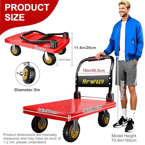 Hand Cart Dolly, Push Cart with 360 Swivel 5'' Wheels, 1200LBS Capacity, Dolly Cart with Wheels Warehouse Cart for Groceries, Garage, Warehouse - Red
