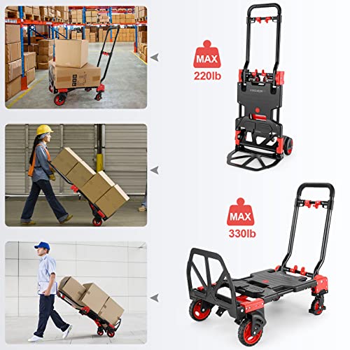 Folding Hand Truck Dolly, 330lb Convertible 4 to 2 Wheel Moving Cart, Red | Dolly Cart with Retractable, Aluminum Alloy & Cast Iron Build, Nylon Wheels,Compact Fold,for Moving,Office,Delivery,Outdoor - size: 330LB