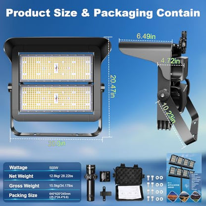 75000LM Dimmable Led Stadium Flood Light 3000W Equivalent | Super Bright 0-500w Led Arena Lights 100-277v 5000k Yoke Pole Mount Ip66 Waterproof Outdoor Commercial Extra Large Light - size: Extra Large/500/Dimmable