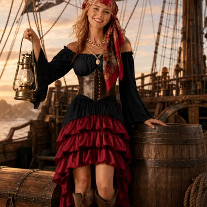Pirate Costume Women Outfits Renaissance Halloween Costume | Also dress up for Steampunk / Renaissance/ Gypsy Costume - color: Black, size: Medium