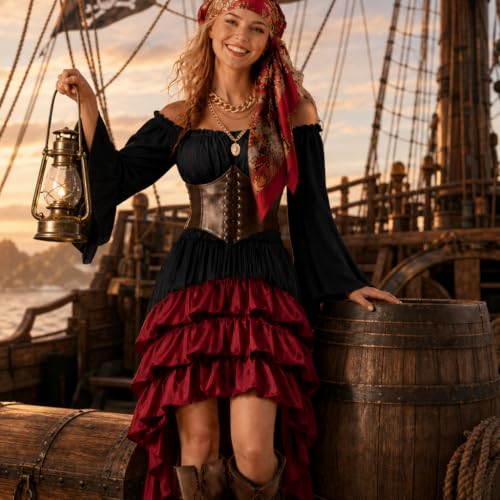 Pirate Costume Women Outfits Renaissance Halloween Costume | Also dress up for Steampunk / Renaissance/ Gypsy Costume - color: Black, size: Large