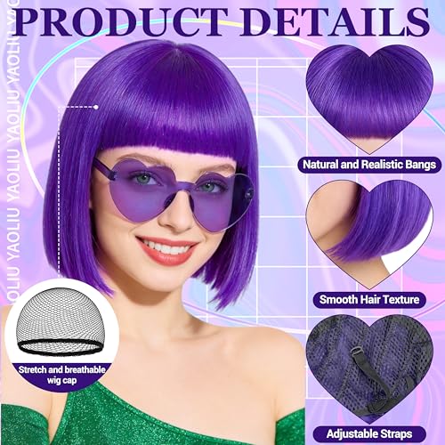Short Bob Straight Hair Wigs with Bangs, Heat Resistant Fiber Hair, Heart-shaped Glasses for Women (Purple) - color: Purple