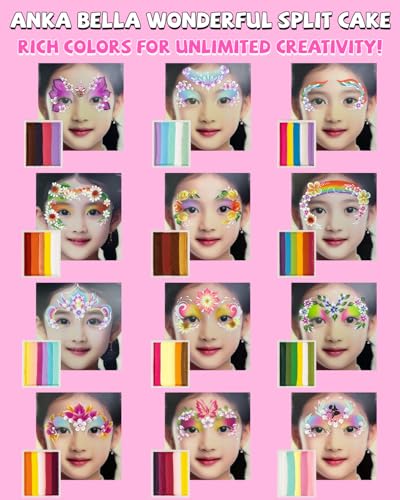 Anka Bella Professional Face Painting Kit for Kids Adults,Water Activated Split Cake Face Paint(12x10gm),Non-Toxic Face Paint Palette for Birthday Parties/Halloween/Carnival - color: Macaron Rainbow Cake